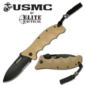 USMC 5 Inch Tan G10 Handle Serrated Pocket Folding Knife Ergonomic Grip
