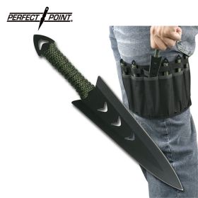 Throwing Knife Set with Six Knives, Black Blades, Green Cord-Wrapped Handles