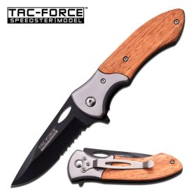 4.5" Closed Tac Force Wood Handle Spring Assisted Knife Serrated Blade